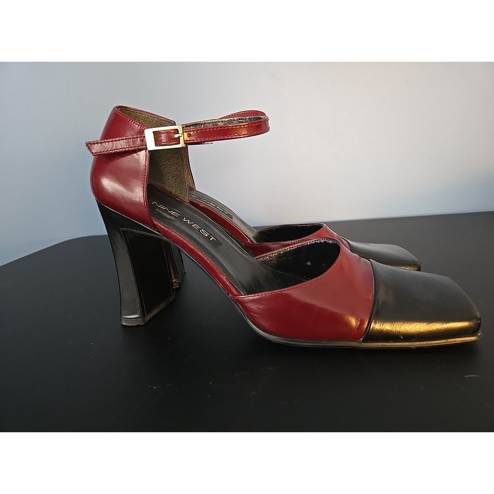 NINE WEST Red Black Ankle Strap Chunky Heels Square Toe Women Pumps Y2K 7.5 - Picture 4 of 11